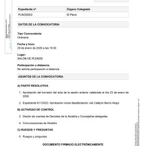 Convocatoria a Pleno sesión ordinaria, jueves 29 de enero a las 19:30h